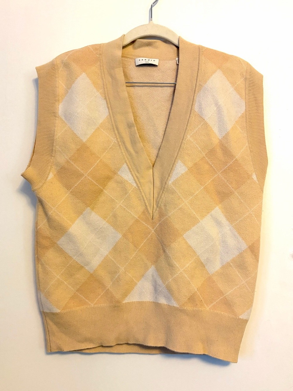 Sandro Cream Argyle Wool Cashmere Knit Sweater Vest